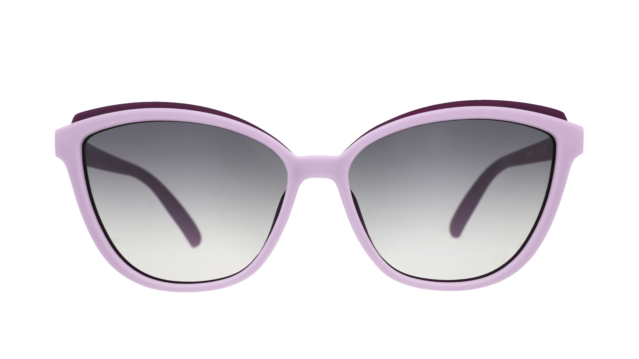 Front view of lavender cat-eye Pounce G sunglasses with dark purple accents and dark gray gradient lenses.