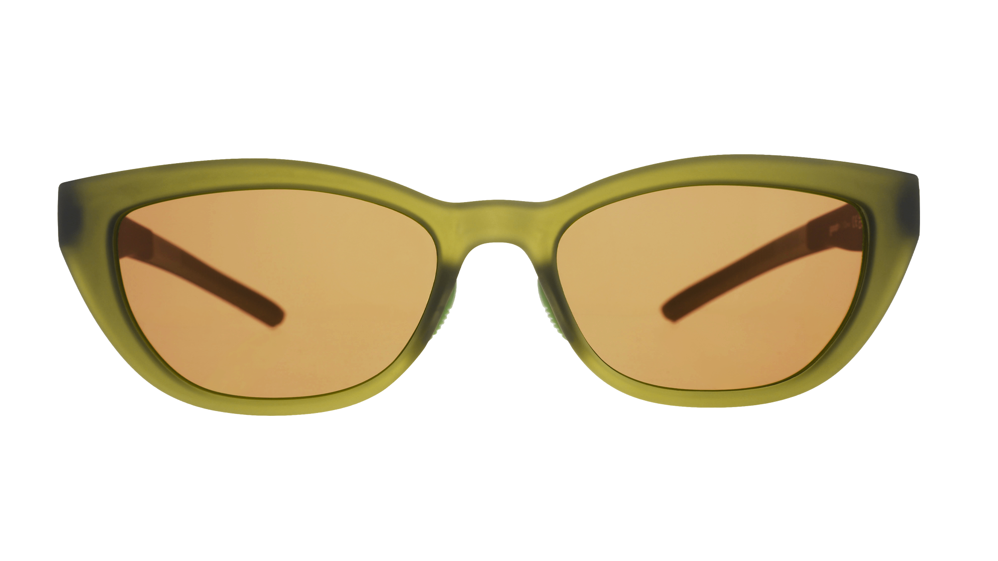 Front view of translucent olive green Cheetah G cat-eye sunglasses with brown non-reflective lenses.