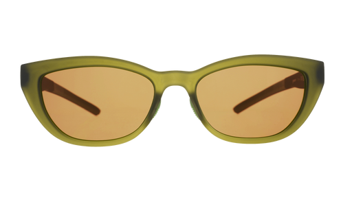 Front view of translucent olive green Cheetah G cat-eye sunglasses with brown non-reflective lenses.
