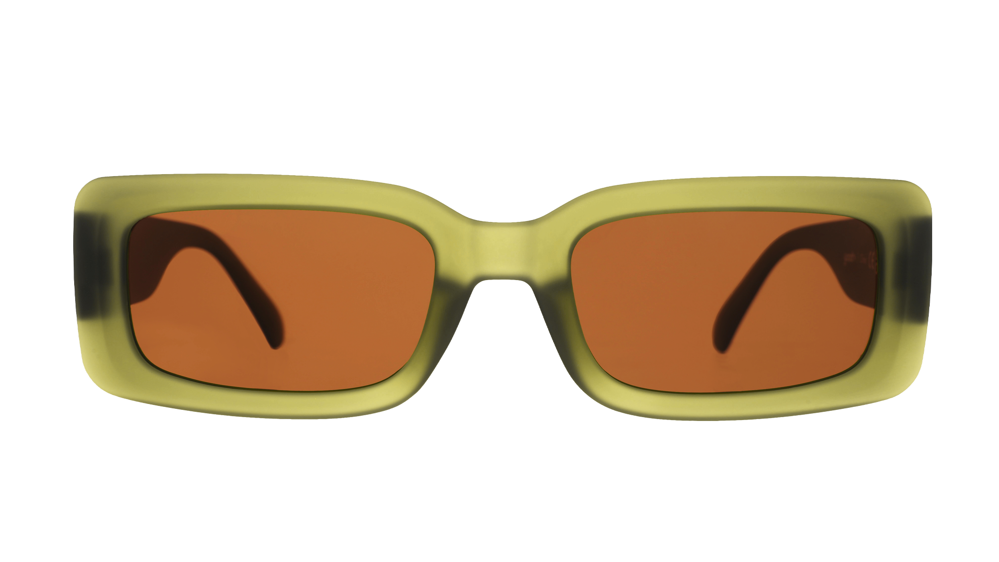 Front view of rectangular Luxe G sunglasses in translucent olive green with brown non-reflective lenses.