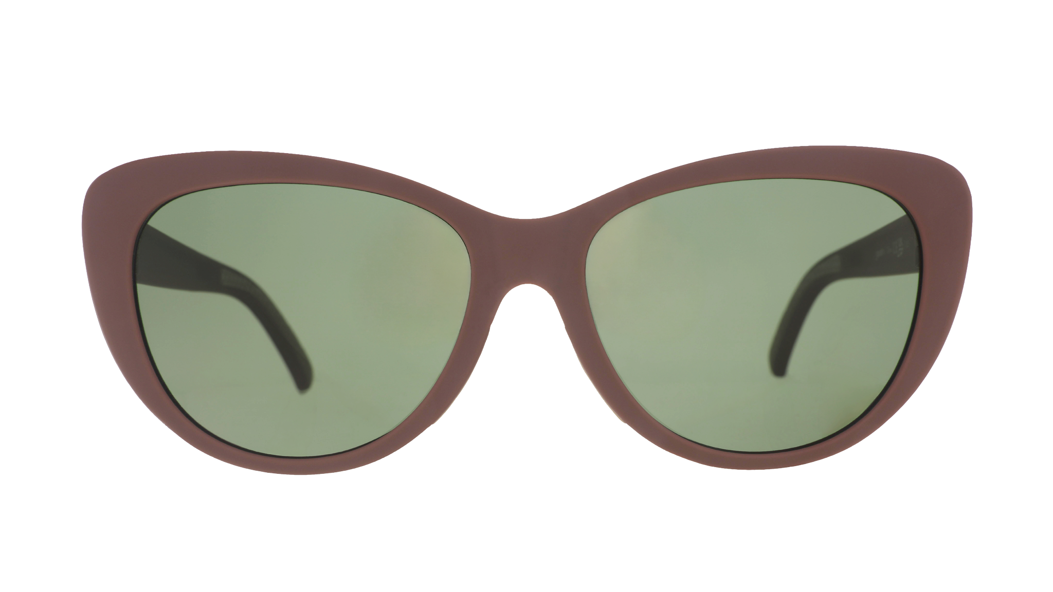 Front view of opaque brown Glam G cat-eye sunglasses with green non-reflective lenses.
