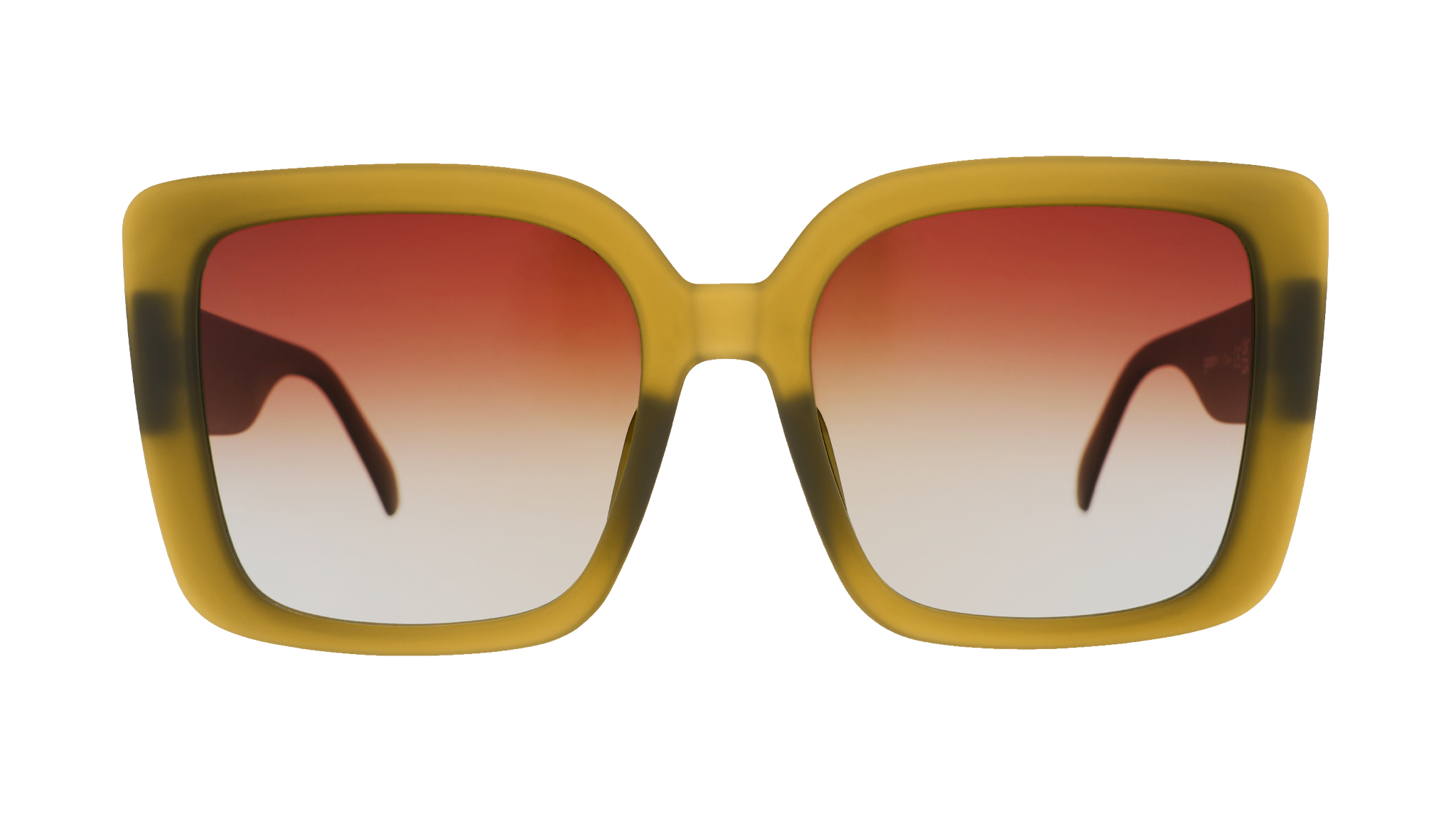 Front view of translucent, oversized square Amp Gs in a dusted-ochre hue with brown-gray gradient lenses.