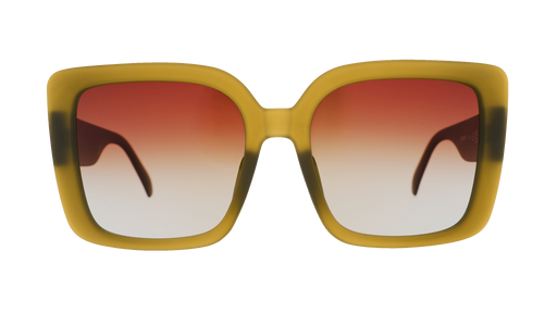 Front view of translucent, oversized square Amp Gs in a dusted-ochre hue with brown-gray gradient lenses.