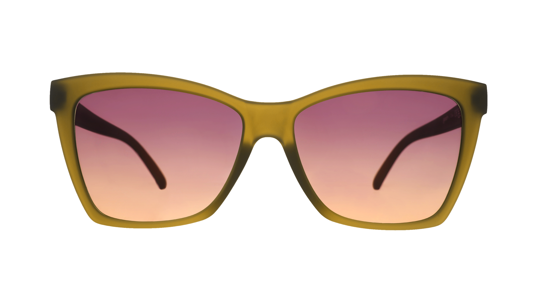 Front view of translucent ochre angular cat-eye Pop Gs with purple-yellow gradient lenses. 