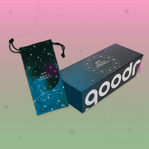 Starry night sky zodiac-inspired microfiber sunglasses bag and packaging for goodr's What's Your Sign? astrology drop.