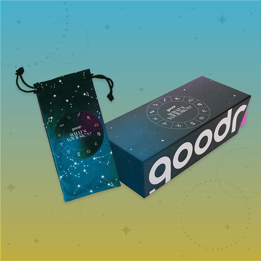 Astrology-inspired What’s Your Sign? Custom packaging and microfiber sunglasses bag with constellations on a night sky.