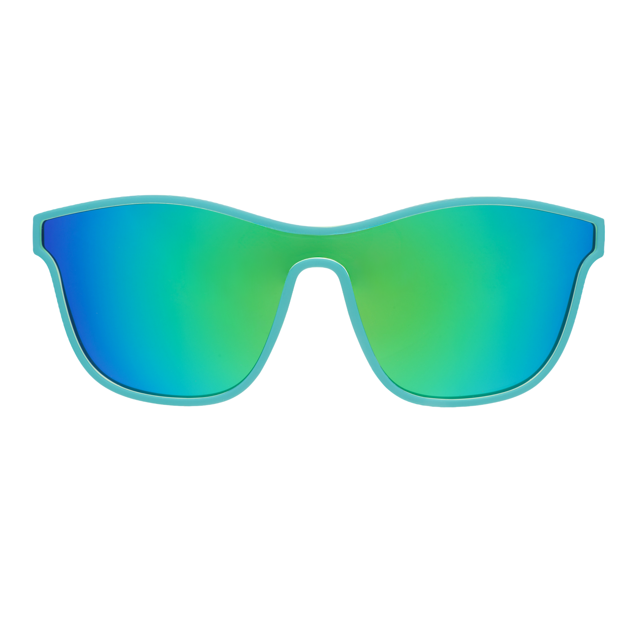 Front view of mint green shield sunglasses with a blue-green mirrored lens on a white background.