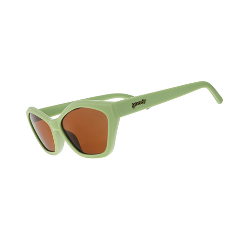 Front view of green cat-eye sunglasses featuring a geometric frame and brown lenses.