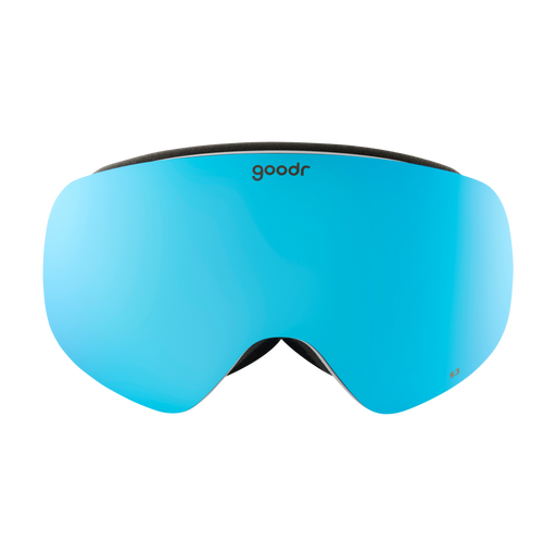 Front view of blue mirrored snow goggles with a white frame and goodr logo.