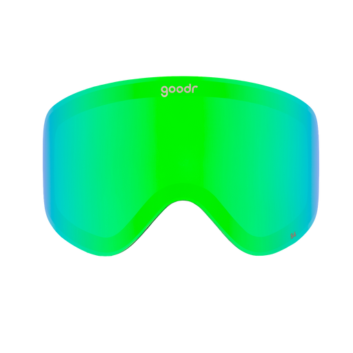 Bright green replacement ski goggle lens with mirrored finish and small goodr logo.