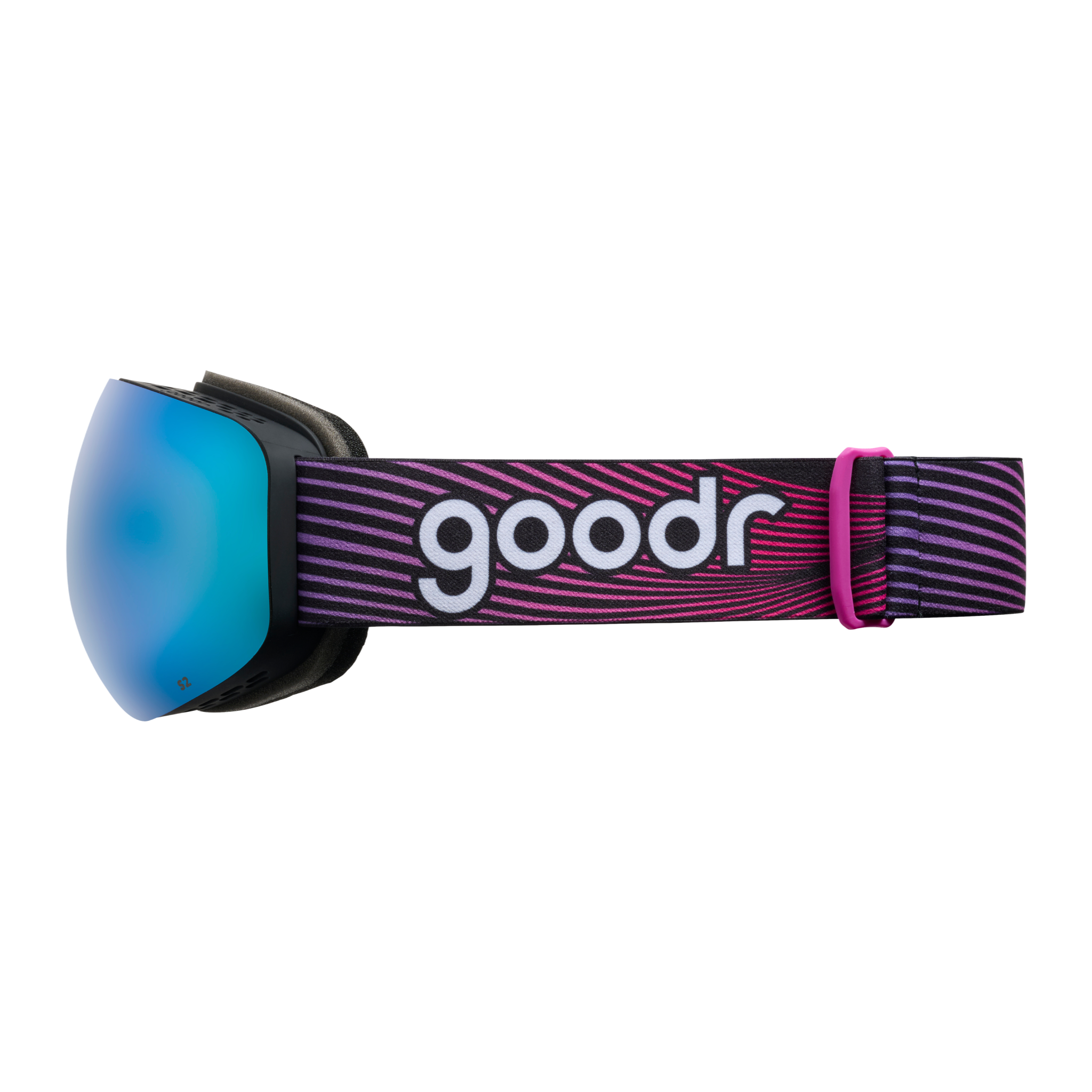 Side view of bronze blue mirrored snow goggles with a black frame and pink and purple goodr strap.