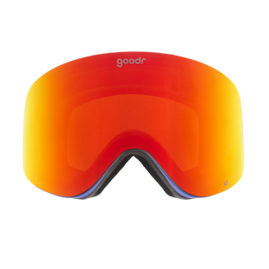 Front view of bronze red mirrored snow goggles with a blue frame and goodr logo.