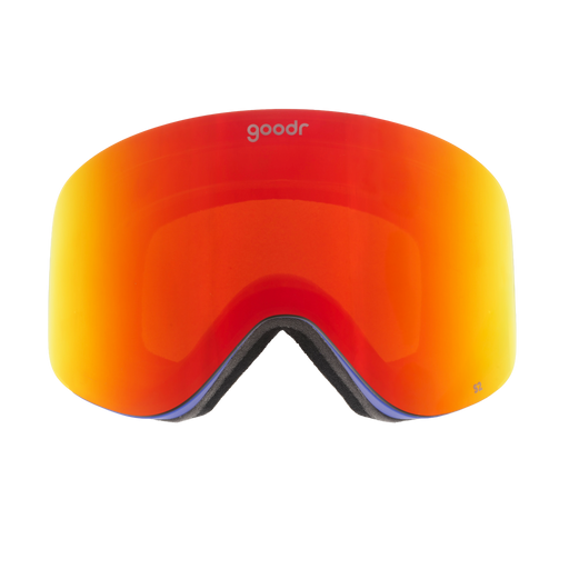 Front view of bronze red mirrored snow goggles with a blue frame and goodr logo.