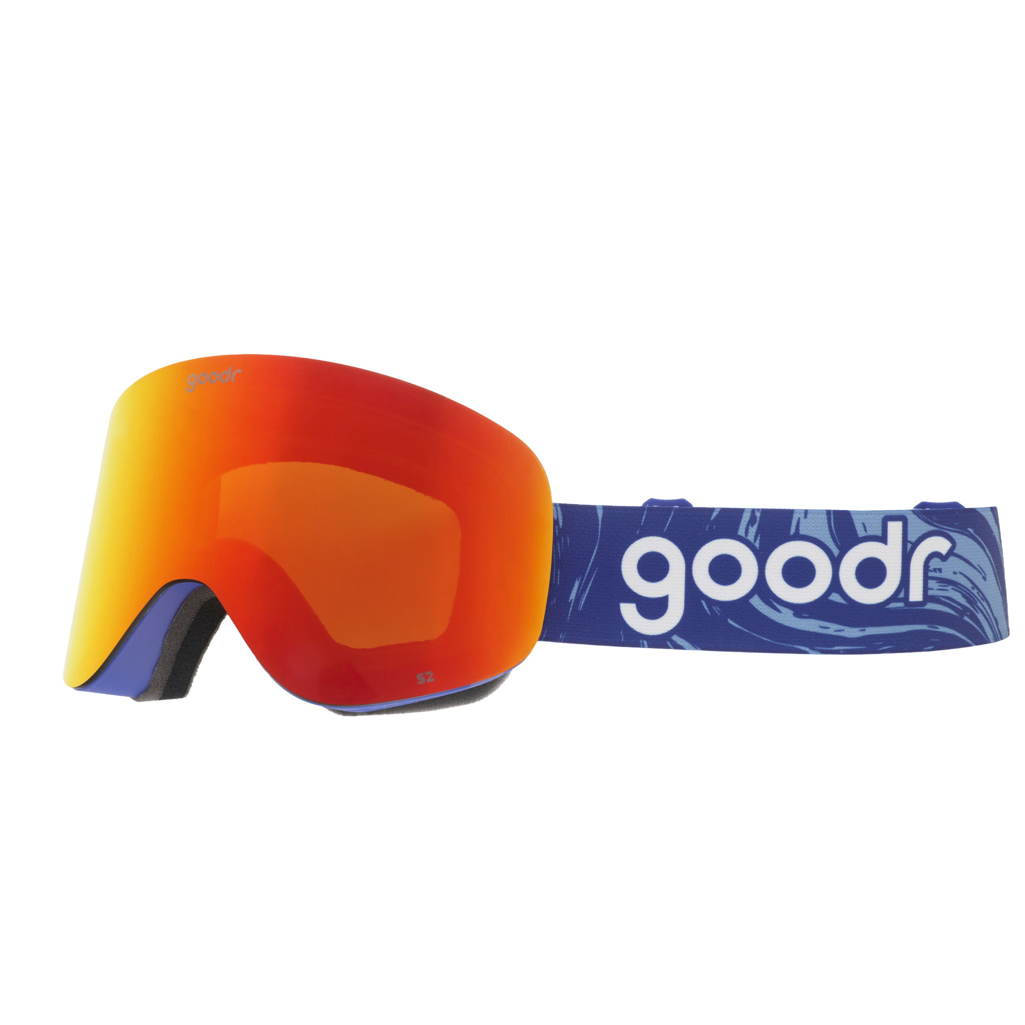 Side view of bronze red mirrored snow goggles with a blue frame and blue goodr strap.