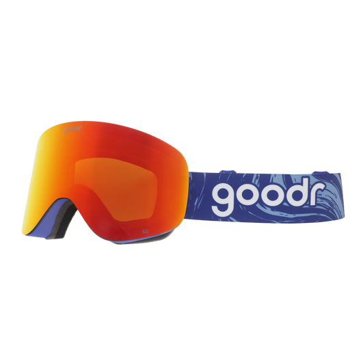 Side view of bronze red mirrored snow goggles with a blue frame and blue goodr strap.