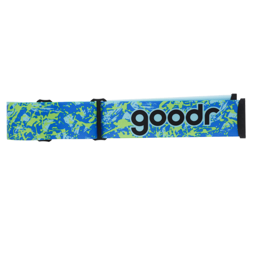 Blue ski goggle replacement strap with lime splatter pattern and black goodr logo.