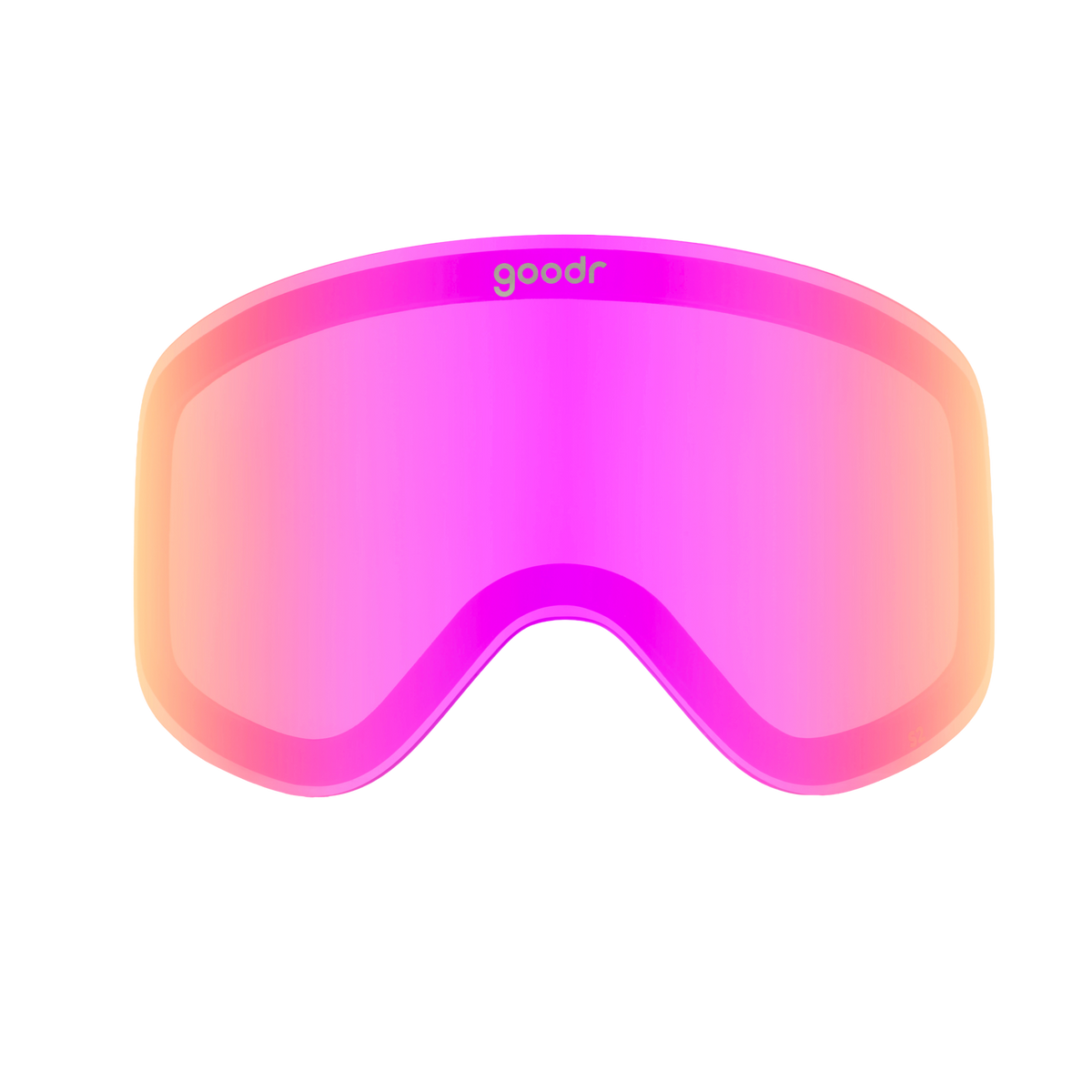 Bright pink replacement ski goggle lens with mirrored finish and small goodr logo.