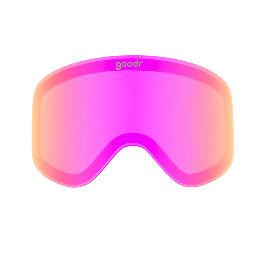 Bright pink replacement ski goggle lens with mirrored finish and small goodr logo.