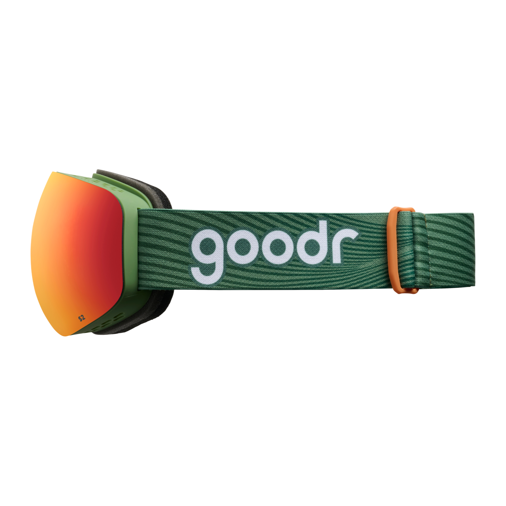 Side view of smoke red mirrored snow goggles with a green frame and green goodr strap.