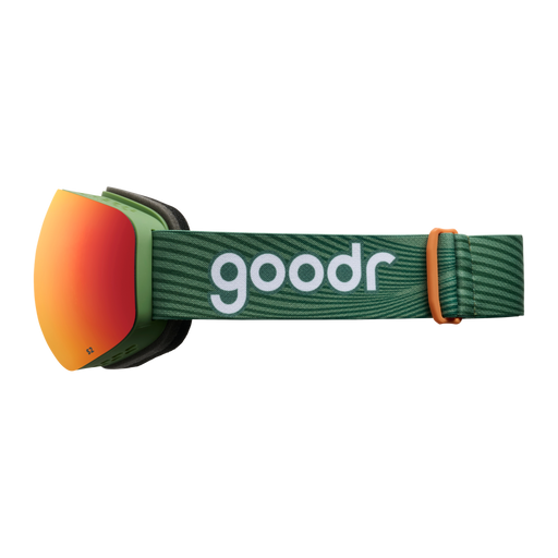 Side view of smoke red mirrored snow goggles with a green frame and green goodr strap.