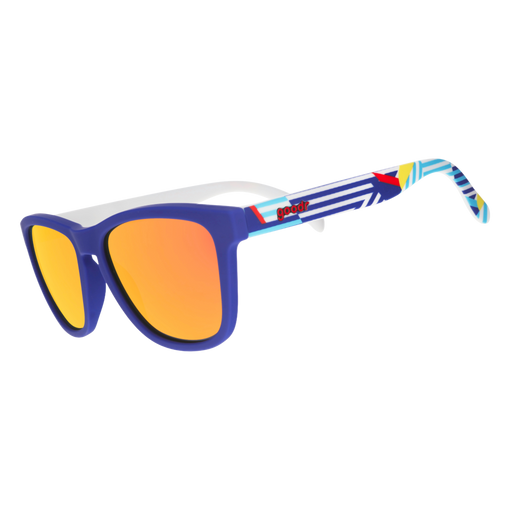 Three-quarter angle view of blue shades with a geometric nautical-inspired design and burnt-orange reflective lenses.