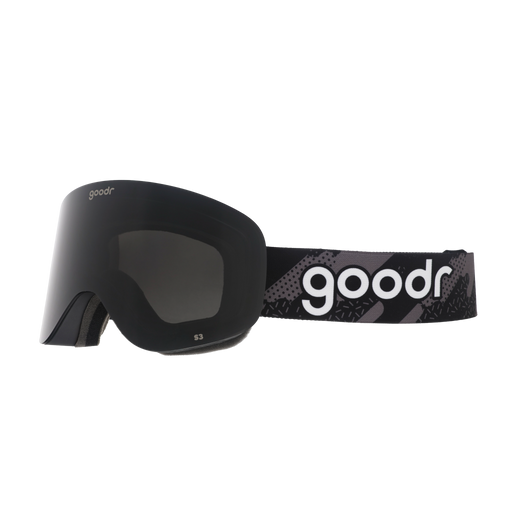 Side view of black snow goggles with a black frame and patterned goodr strap.