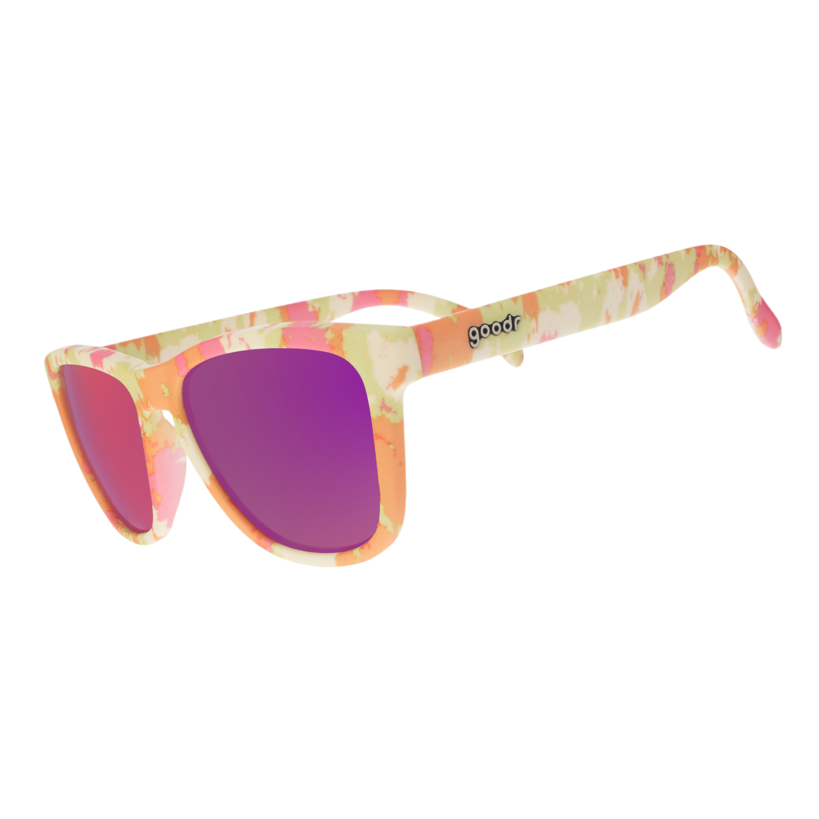 Three-quarter angle view of cheery yellow and pink tie-dye sunglasses in a classic frame shape with pink reflective lenses.