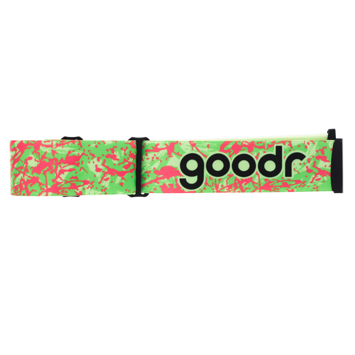 Light green ski goggle replacement strap with pink splatter pattern and black goodr logo.