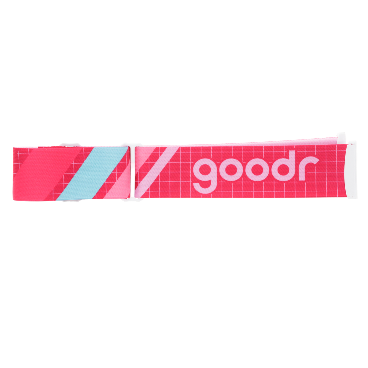 Pink ski goggle replacement strap with coral, aqua, and white geometric accents and white goodr logo.