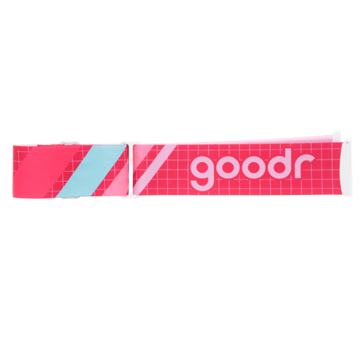 Pink ski goggle replacement strap with coral, aqua, and white geometric accents and white goodr logo.