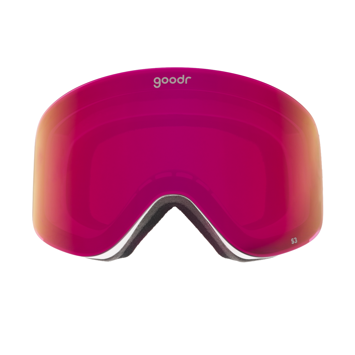 Front view of purple red mirrored snow goggles with a white frame and goodr logo.