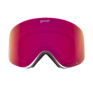 Front view of purple red mirrored snow goggles with a white frame and goodr logo.