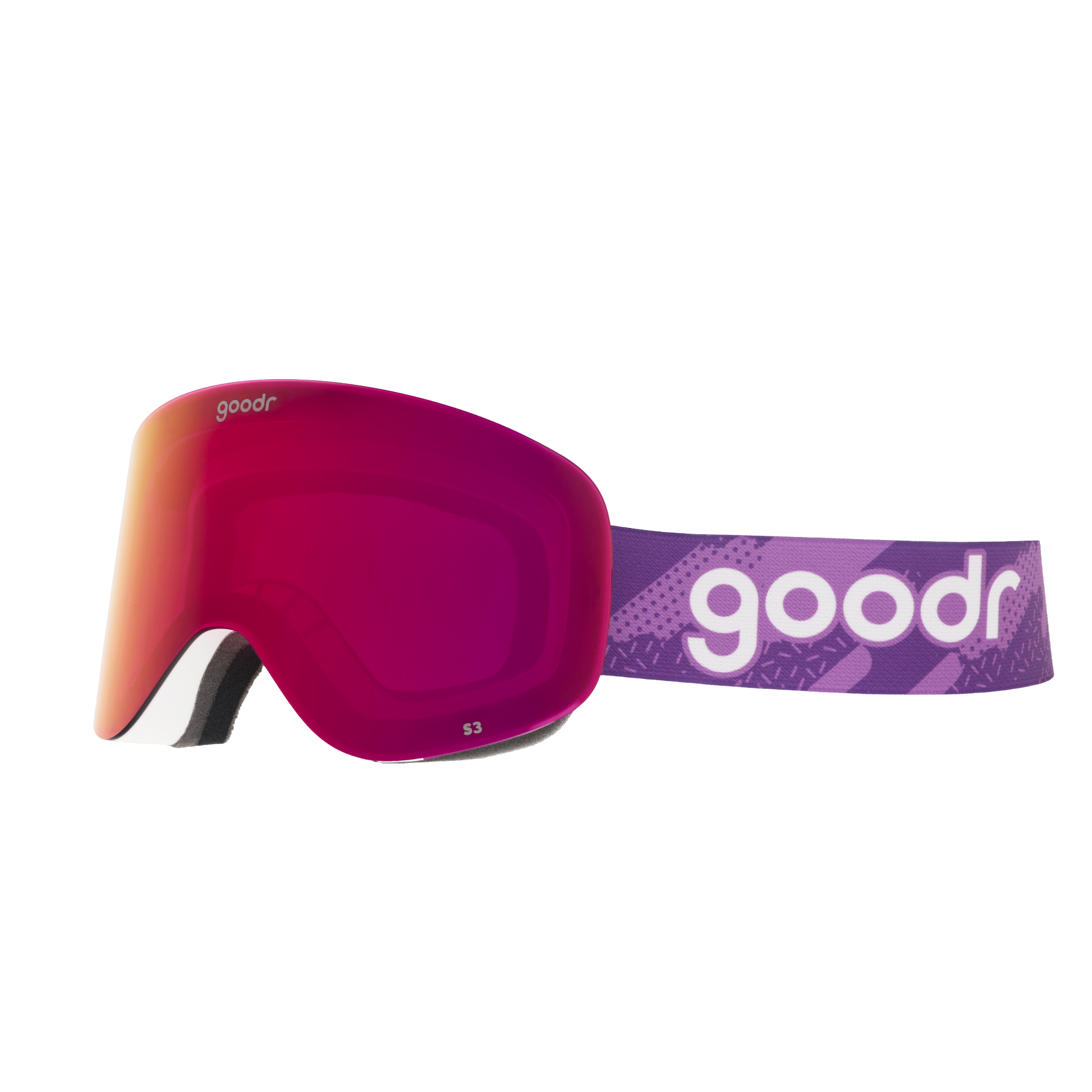 Side view of purple red mirrored snow goggles with a white frame and purple goodr strap.