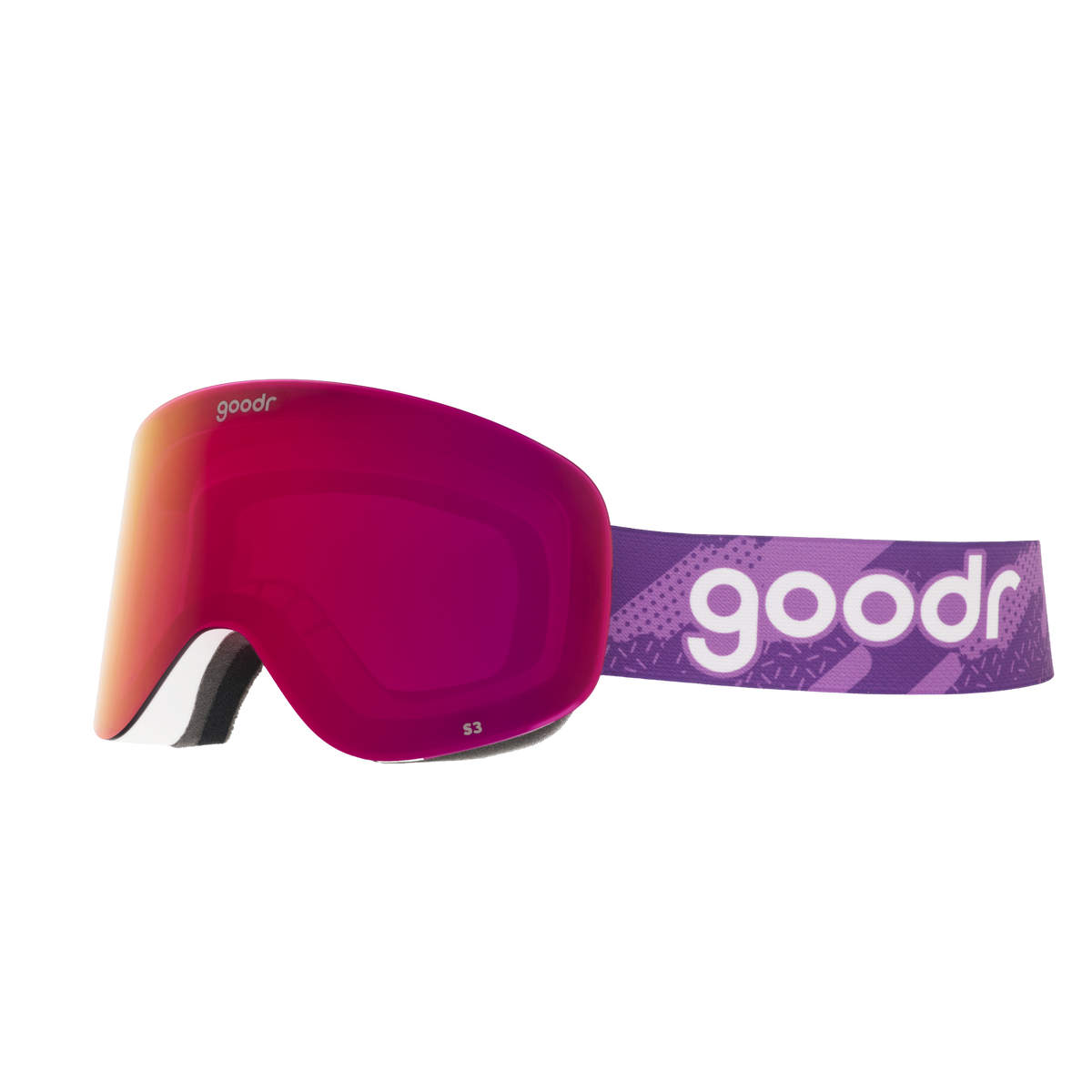 Side view of purple red mirrored snow goggles with a white frame and purple goodr strap.
