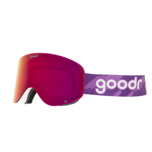 Side view of purple red mirrored snow goggles with a white frame and purple goodr strap.