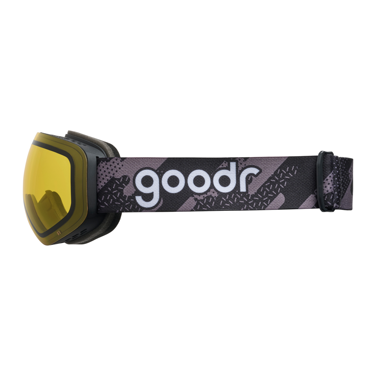 Side view of yellow snow goggles with a black frame and patterned goodr strap.