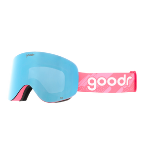 Side view of blue mirrored snow goggles with a pink frame and pink goodr strap.