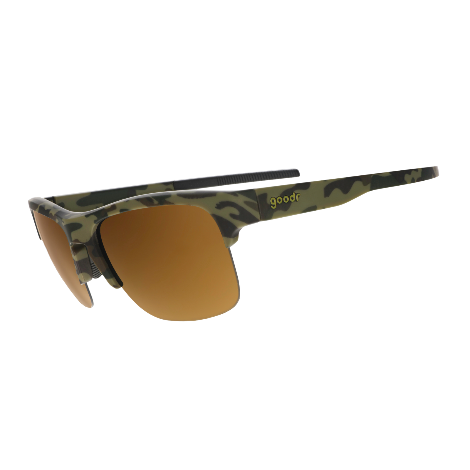 A pair of sporty wraparound sunglasses with a green and black camouflage pattern on the frame and warm brown mirrored lenses, shown on a plain white background.