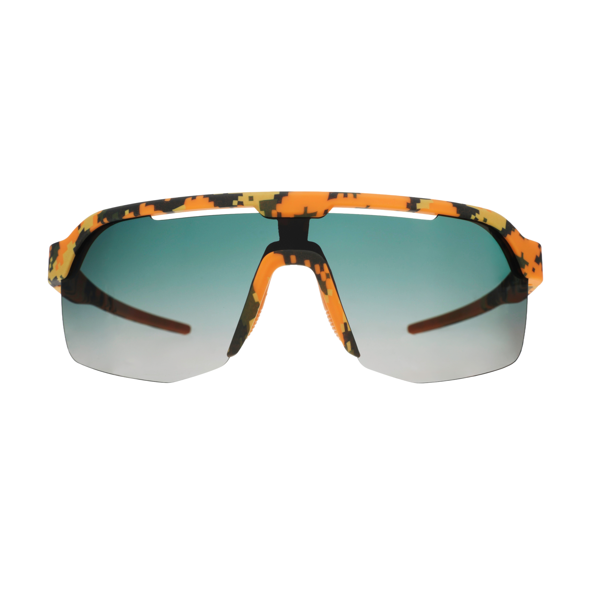 Sport sunglasses with a vibrant orange, yellow, and black camouflage pattern on the frame and gradient green-to-silver lenses.