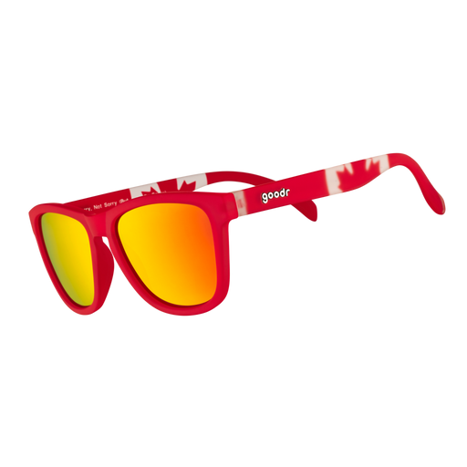 Three-quarter angle view of red shades w/ a Canadian flag pattern+burnt orange reflective lenses on a white background.