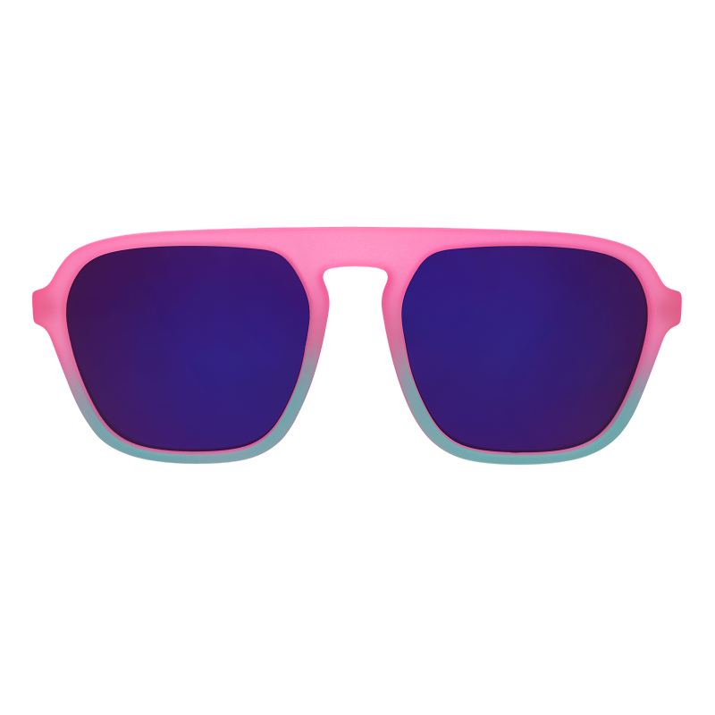 Front view of pink and teal aviator sunglasses with reflective lenses against a white backdrop.